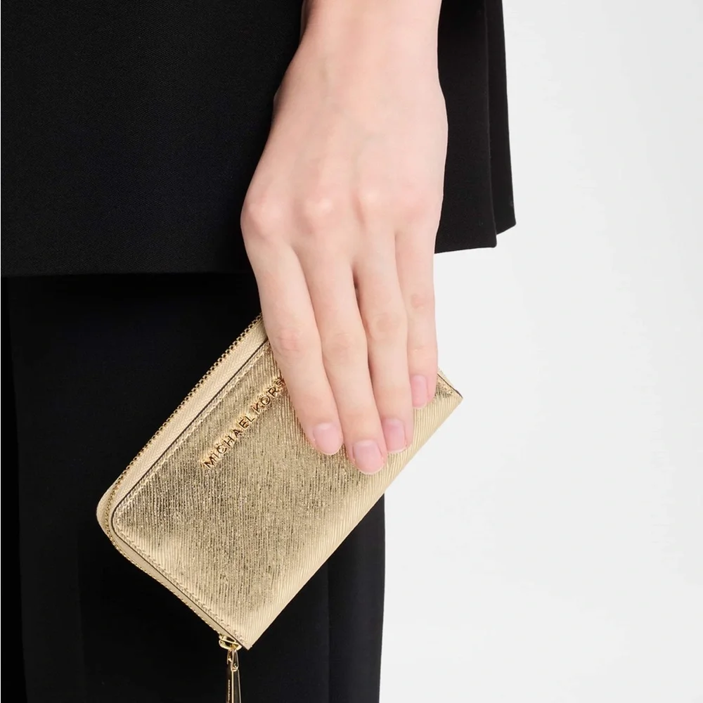 New Michael Kors Metallic Gold Zip-Around Wallet